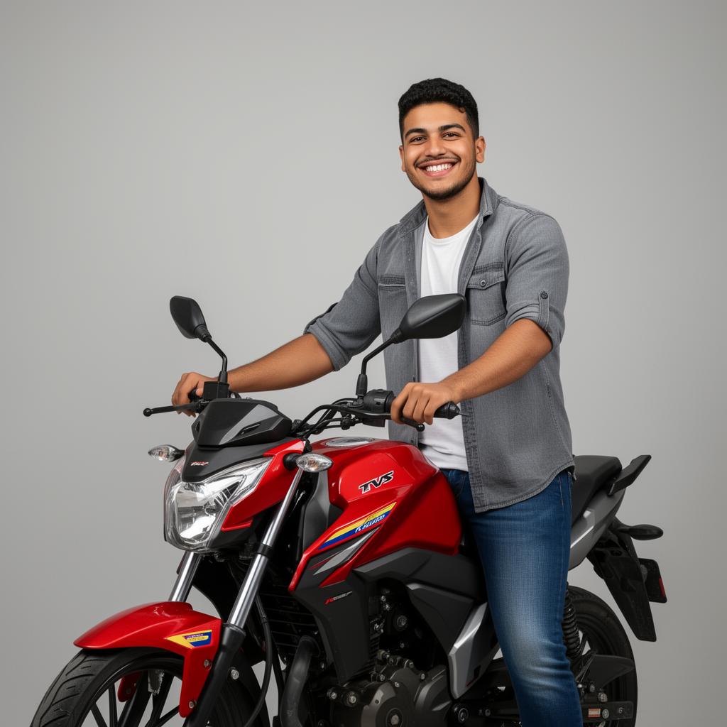 Joven venezolano sonriendo junto a su moto TVS financiada con Galgo